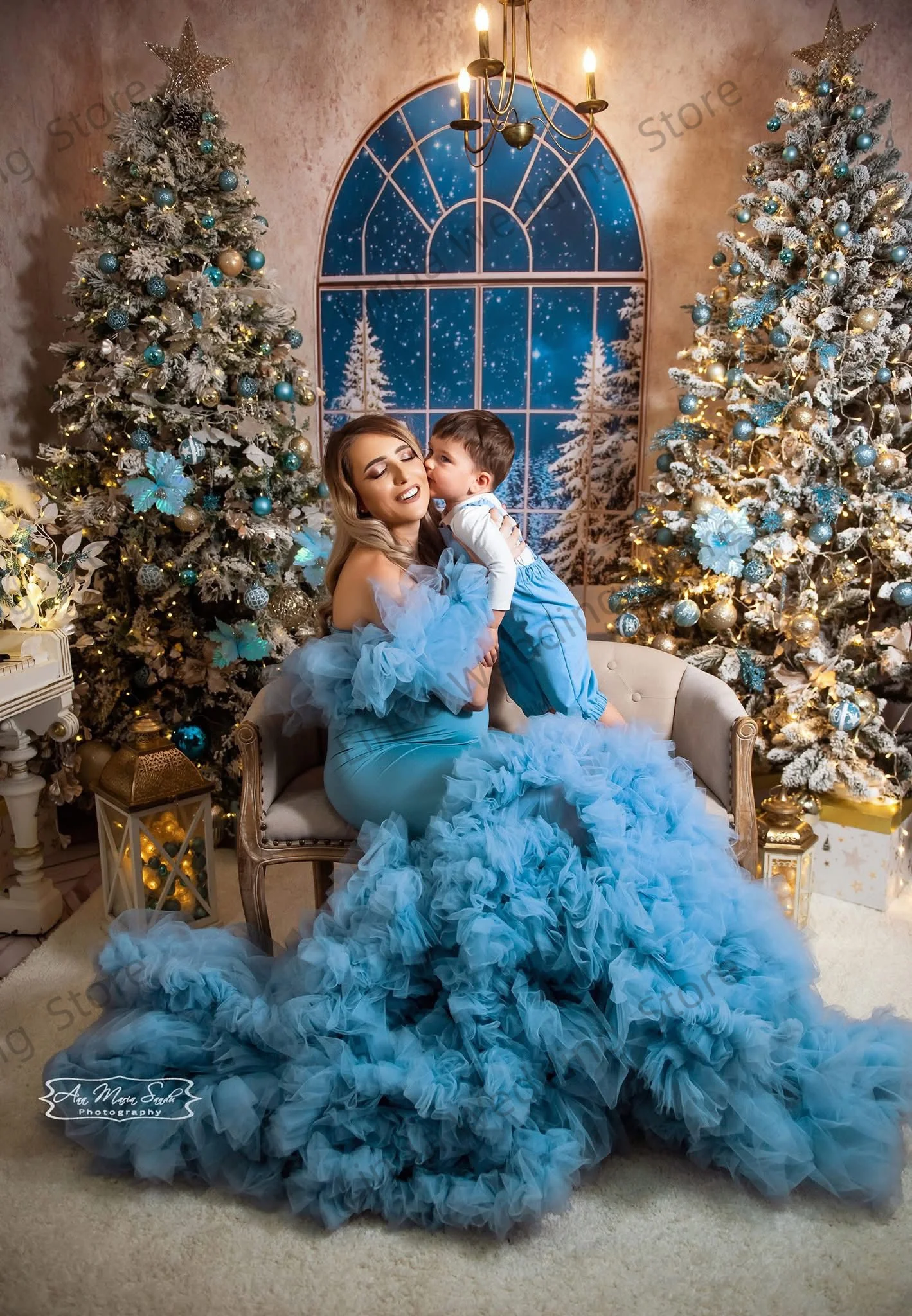 イリュージョンブルーマタニティドレスリンダマーメイドフリル妊娠中のプロムドレス写真撮影用カスタマイズされたスイープトレインベビーシャワーローブ