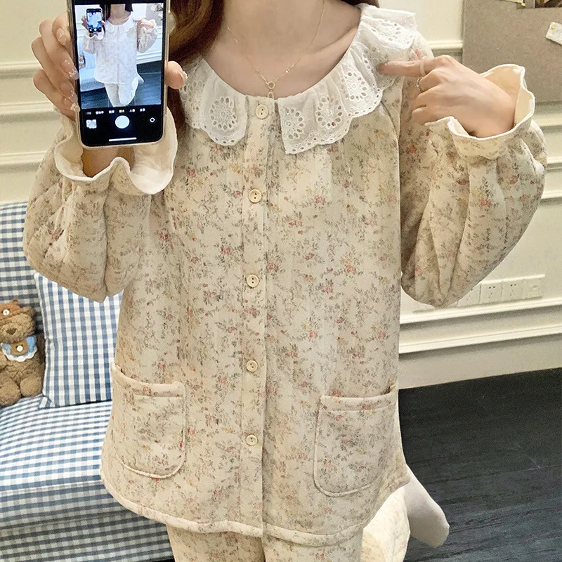 

Осенне-зимние женские пижамы из воздушного хлопка, промежуточный слой, пасторальный кардиган с цветочным принтом, комплект термобелья для отдыха с длинными рукавами