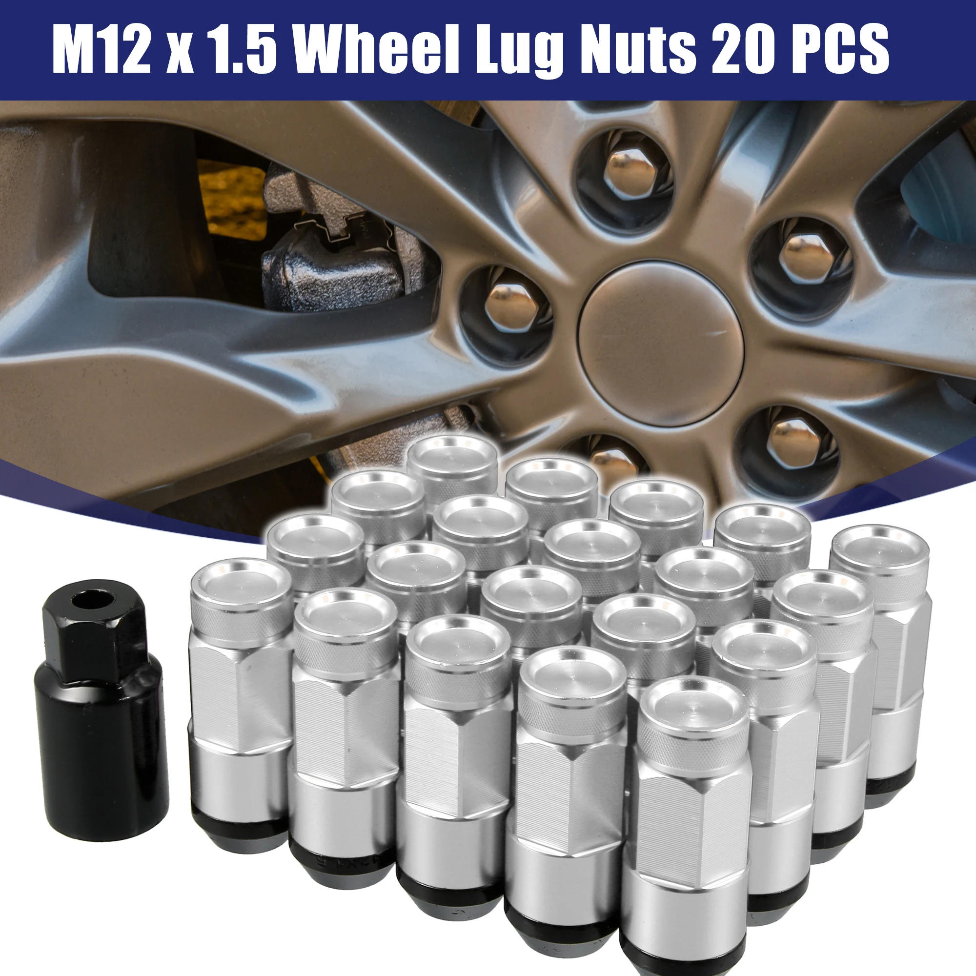 UXCELL M12x1.5 Auto Wheel Heptagon Lug Nut Acorn Cone Seat Closed End Bulge 54mm Screws with Socket Key Tool Car Accessories