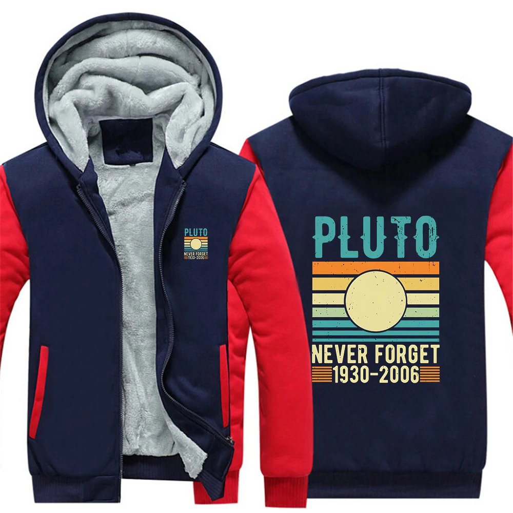 

2025 Autumn And Winter Man's Never Forget Pluto Retro Style Print Patchwork Color Fleece Warm Hoodies Zipper Fashion Coat