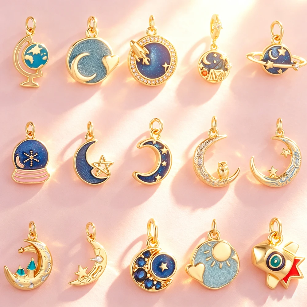 Space Celestial Charms Moon Star Planet Rocket Globe Sun Blue Enamel Pendants DIY Necklace Bracelet Jewelry Making Accessories