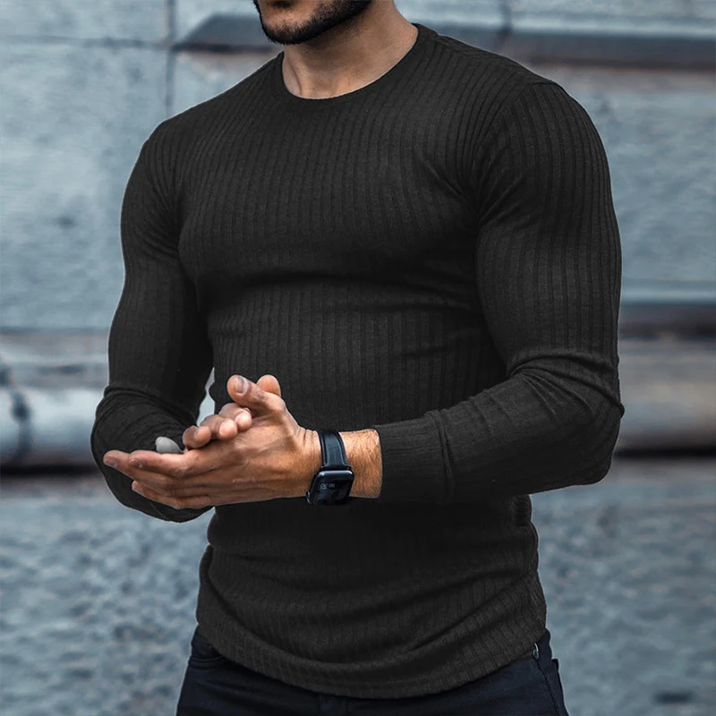 Autumn Winter Thin Sweaters Men Long Sleeve Pullovers O-Neck Solid Slim Fit Sweaters Knitting Tops Fitness Sport Tight T-Shirt