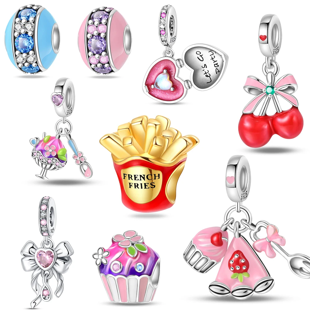 Cute Food Beads French Fries, Macaron & Strawberry Cake Triple Dangle Charm Fits Brand Bracelet 925 Sterling Silver Pendant