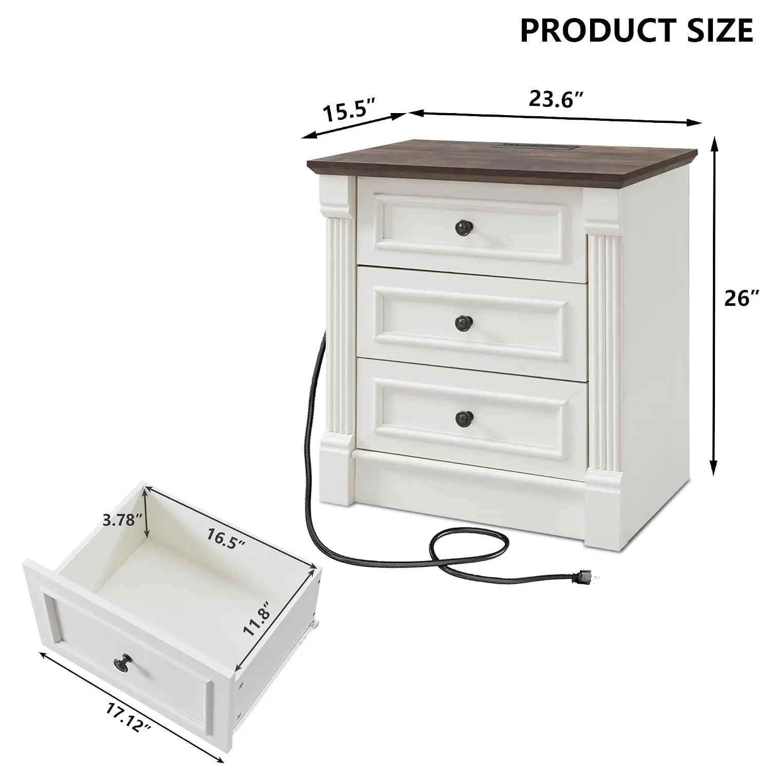 Antique White Nightstand w/Charging Station & 3 Drawers, Farmhouse End Table w/Roman Column for Bedroom & Living Room, 26