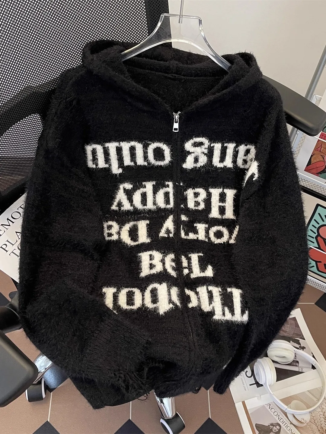 

Американский уличный дизайн с вышивкой букв и молнией, мужской осенне-зимний вязаный свитер с ленивым рукавом, пальто