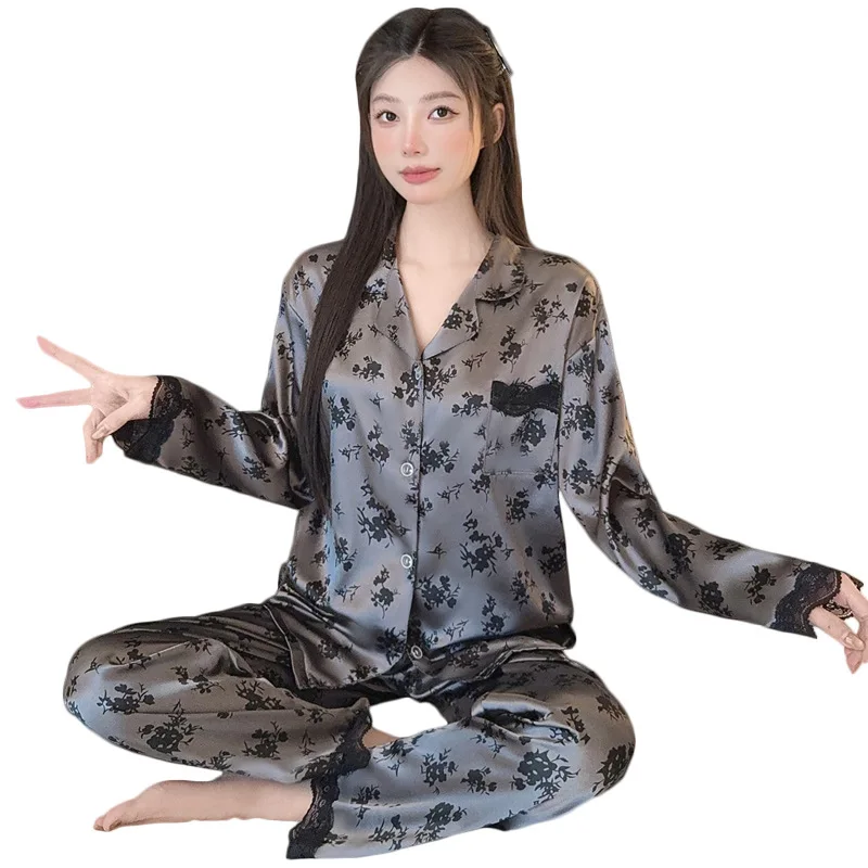 Spring New Women's Long Sleeved Ice Silk Sleepwear Home Suit Set with Floral Lace Loose Sleepwear Home Suit Long Sleeved Set 5