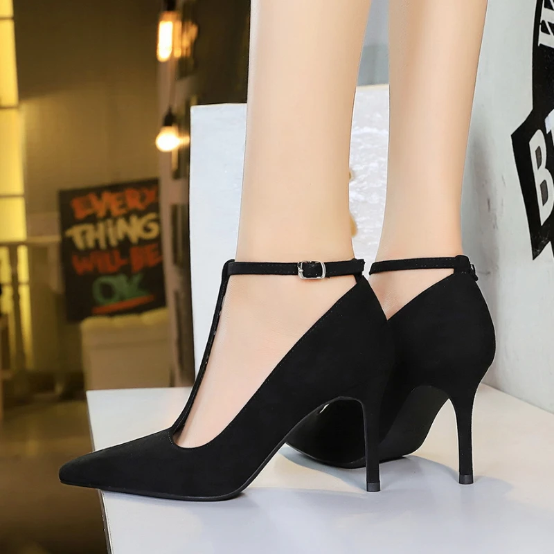 

French Temperament Slim Heels High Heels Pointed Toe Shallow Mouth Suede One-Line Buckle Ultra High Heels Slimming Single Shoes