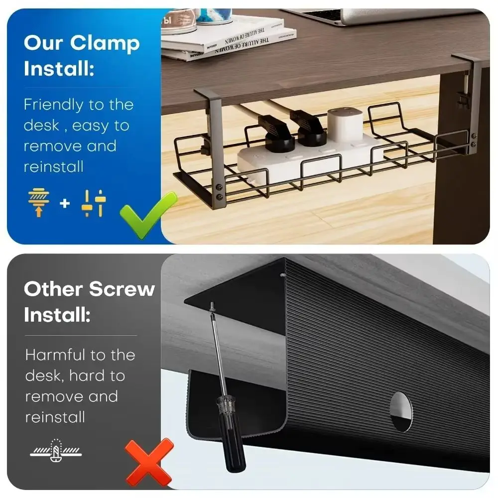 No Punching Under Table Storage Rack Sturdy Adjustable Clamps Metal Cable Management Tray Hanging Shelf Space Saving
