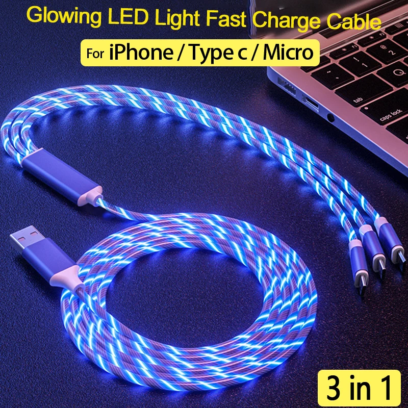 3 in 1 LED Light 5A Fast Charging USB Cable For iPhone Samsung Xiaomi Samsung Huawei OPPO Phone Accessories Type C Charger Cable