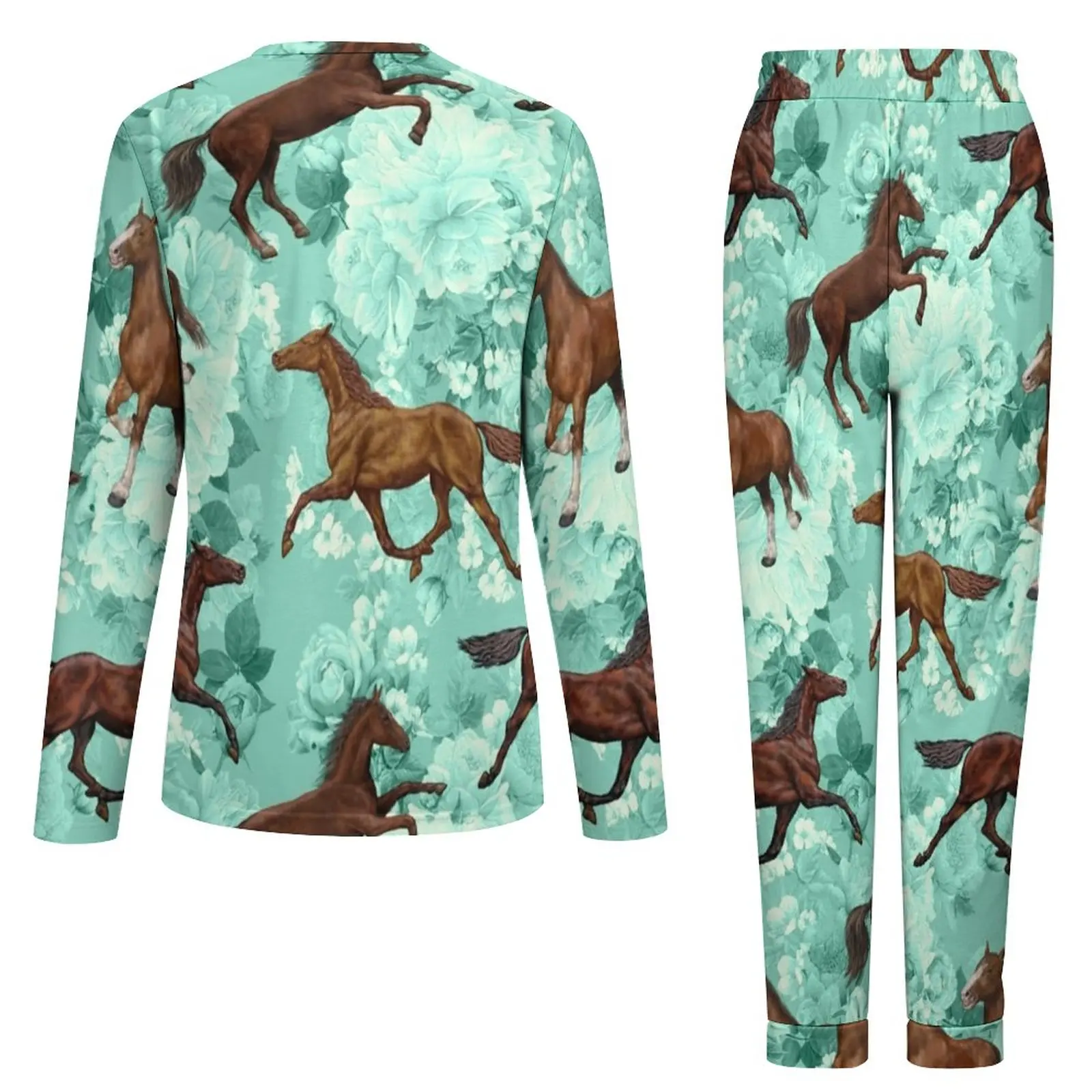 Cool Running Horses Pajamas Female Flowers Print Kawaii Sleepwear Spring 2 Pieces Aesthetic Oversize Pajama Sets