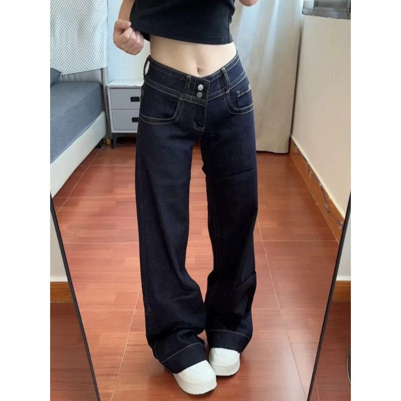

American Double Waist Buckle Does Not Stick Legs Slightly Pulled Jeans Women's 2026 New Niche Thin Versatile Straight Pants