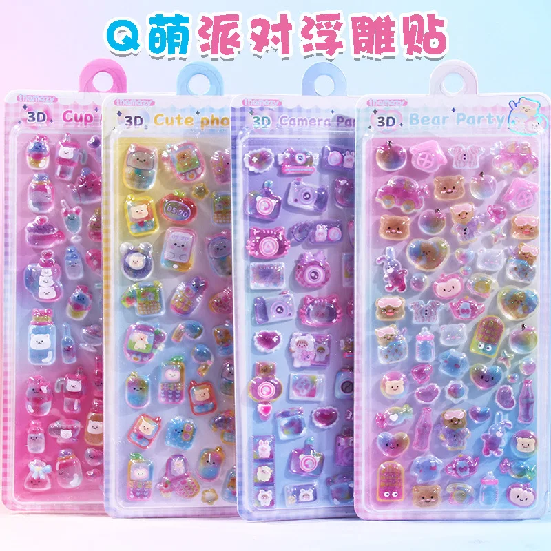 

3d Cartoon Relief Stickers Waterproof Transparent Crystal Self Adhesive Cute Kids Decorative Stickers For Phone Case Bulk Pack