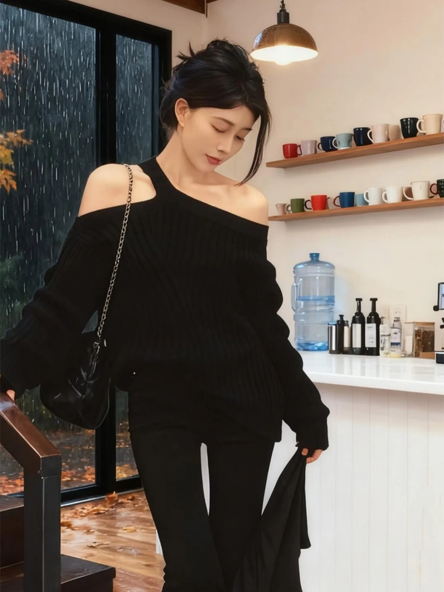 

oulder Bared Knitted Sweater Versatile Sli Korean Loose Fit Long Sve Knitwear for Women Daily Wear Comfortable Soft