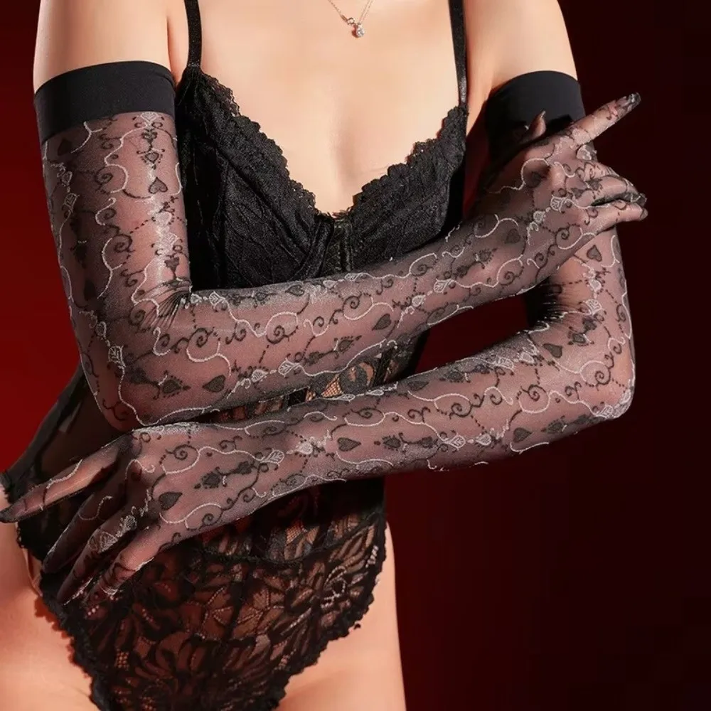 New Floral Five-Finger Glove Ultra Thin Sexy Oil Shiny Stocking Glove Silky Smooth Elastic Jacquard Glove Dance Performance