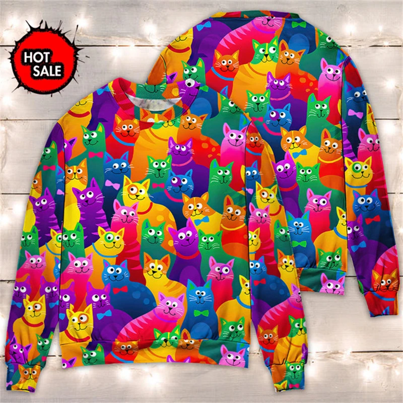 3D Print Cat Colourful Sweater Men Women Ugly Sweaters Christmas Jumper Tops Fashion Merry Christmas Gift Boys Girls Sweatshirt