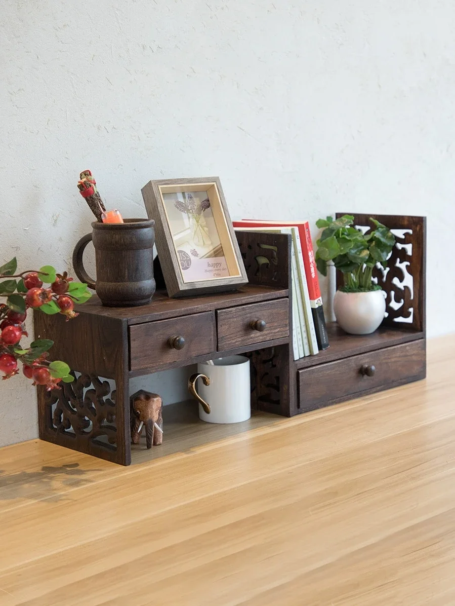 Vintage solid wood frame, Chinese style desktop storage rack, desk, bookshelf, bay window storage cabinet,