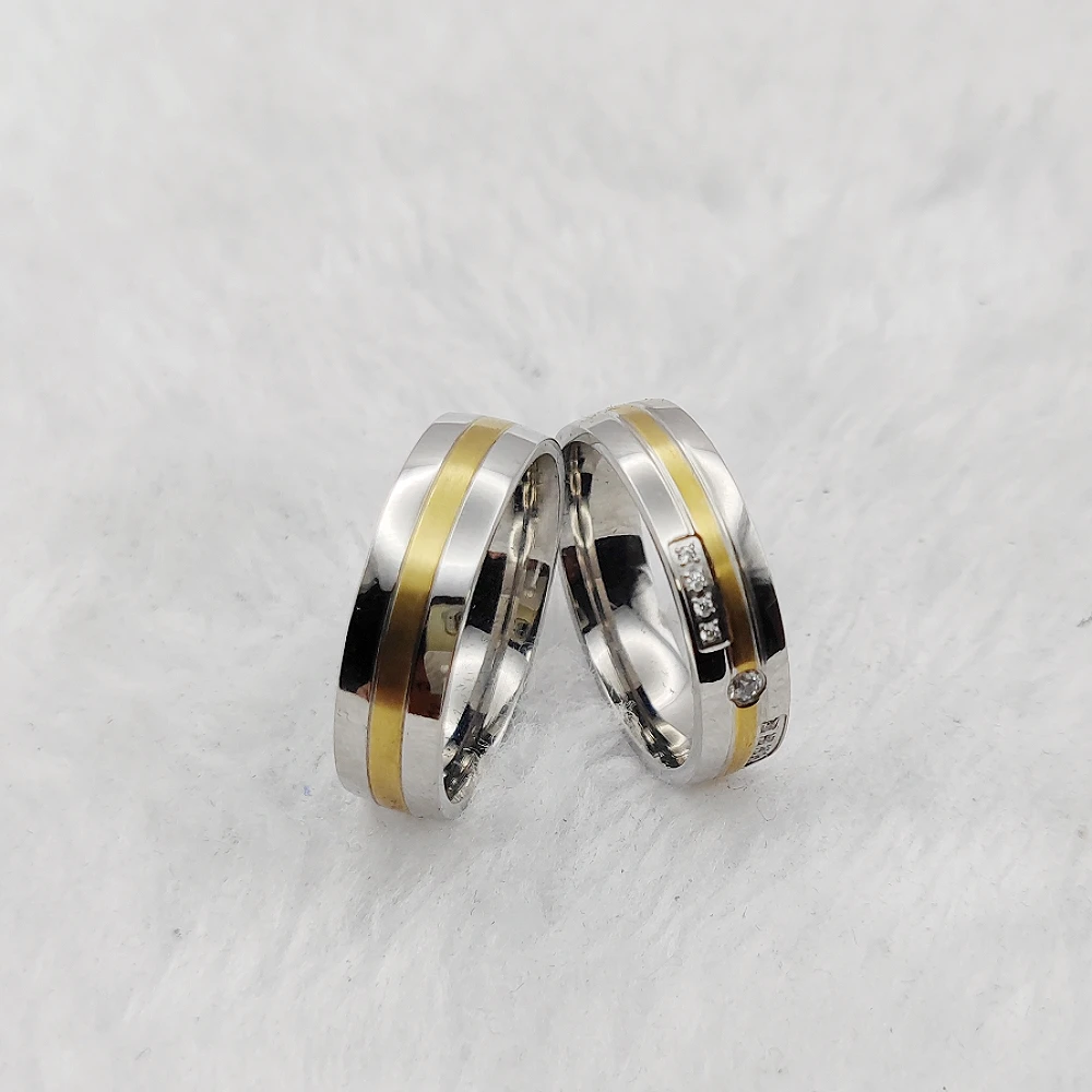 Hypoallergenic His and Hers Matching Pair Wedding Bands Couple Rings For Men and Women Silver Gold Two Tone Bridal Sets