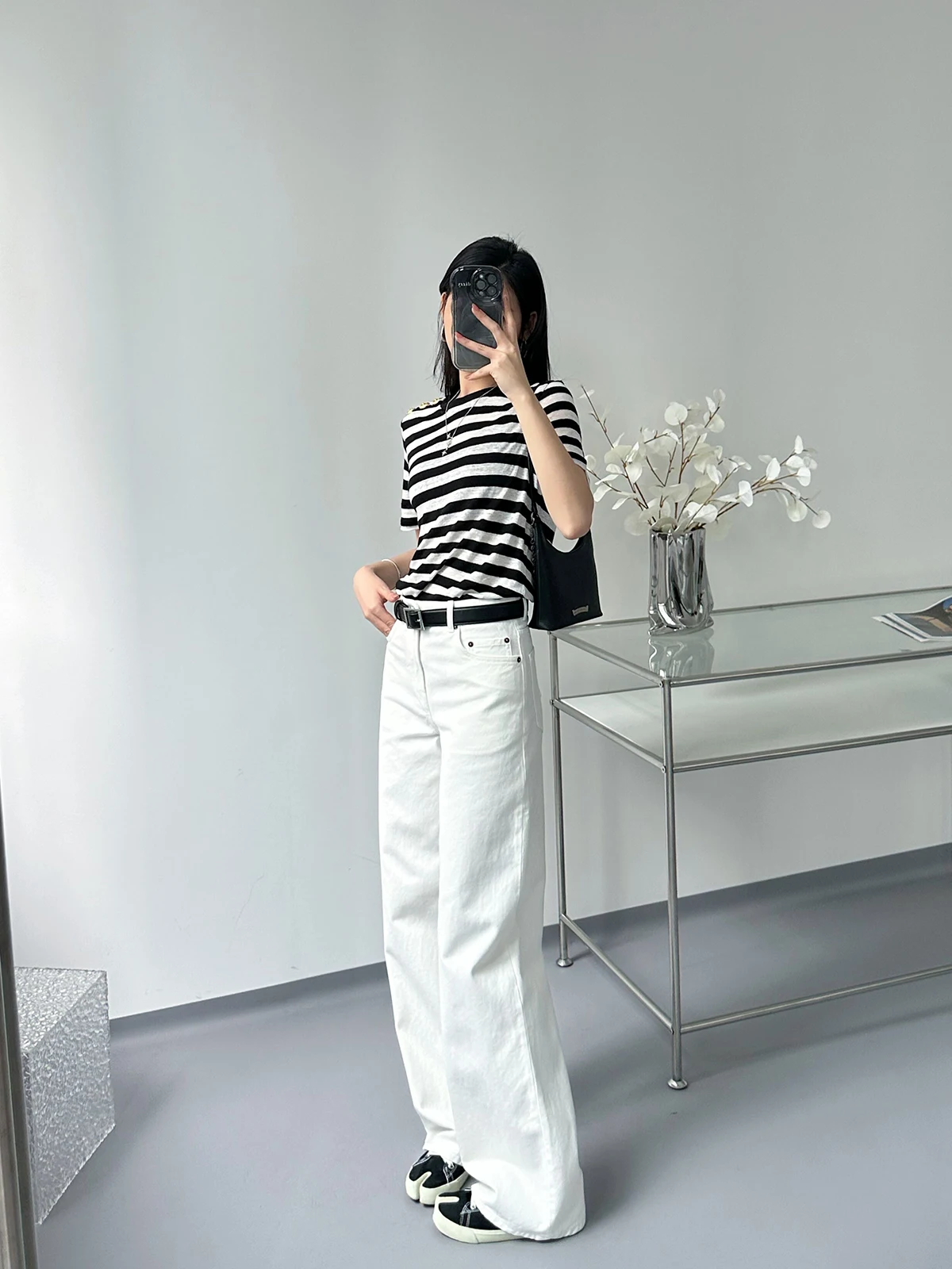 

Белые джинсы прямого кроя с высокой талией и широкими штанинами, женские джинсовые брюки премиум-класса расширенной длины, высокие женские летние сезонные джинсовые брюки свободного покроя