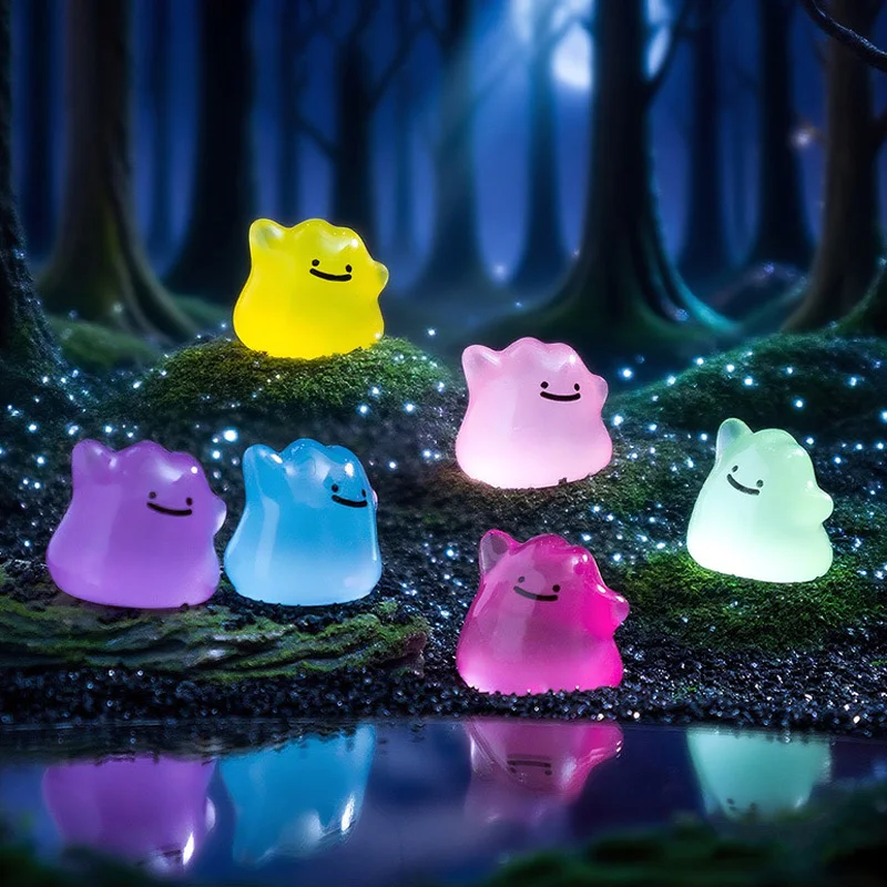 Conjunto de 6 Figuras Miniaturas Multicoloridas de Anime Pocket Monsters que Brilham no Escuro, Modelo Fofo de Ditto, Decoração de Boneco, Presente Surpresa de Halloween