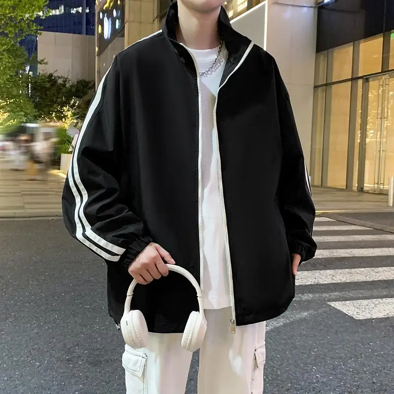 

Casual Stripe Baseball Jaet Spring Autumn Stand Collar Men's Youth Faion Sports Coat Windproof Long Sve Zipper Closure