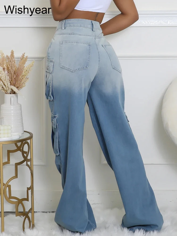 Gradient Black Multi Pockets Denim Wide Leg Cargo Pants Fashion Women High Waist Straight Baggy Jeans Street Boyfriend Trousers