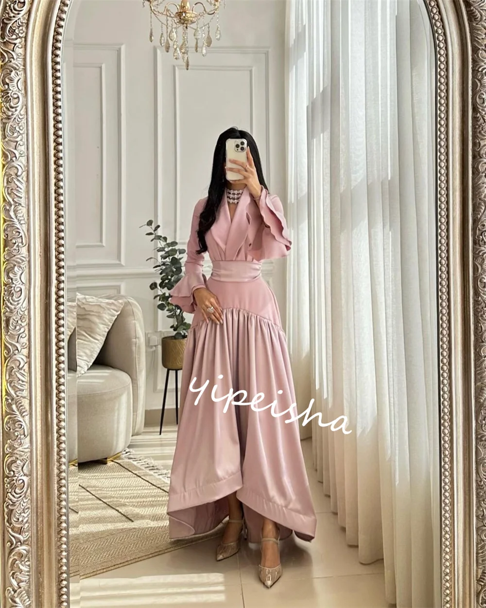       Satin Draped Ruffle Birthday A-line V-neck Bespoke Occasion Gown Midi es   