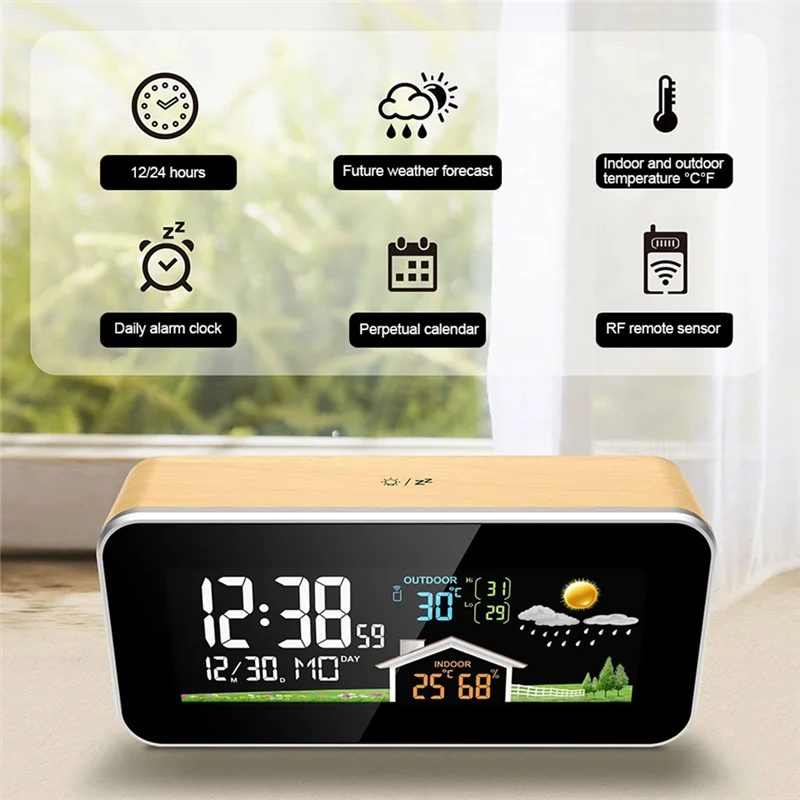 Wireless Weather Station Wooden Alarm Clock Home Desk Watch Digital Thermometer Humidity Temperature Wireless Sensor-Y47A