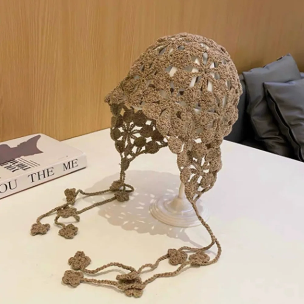 

Bohemian Style Hand-knitted Hollow Flowers Hat Crochet Elegant Cute Beret Cap Fringed Soft Skullies Cap for Women Photography