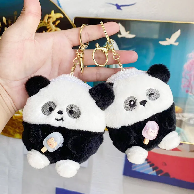 12cm Kid Cartoon Plush Panda Coin Purse Cute Animal Zipper Earphone Bag Wallet Keychain Pendant Doll Children's Birthday Gifts