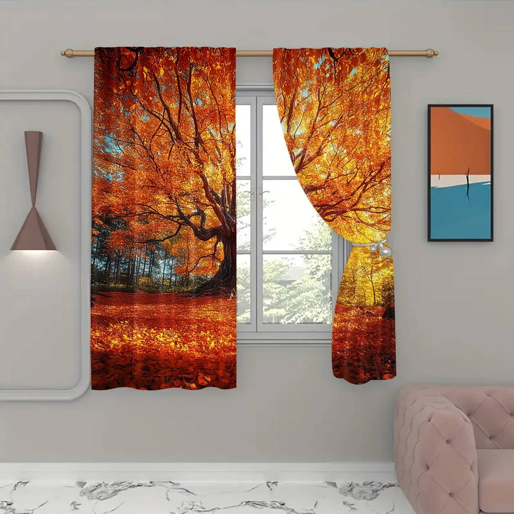 2pc,  Window Treatment Curtains Yellow trees landscape Versatile Polyester Fabric,Without Electricity Birthday Party Suitable