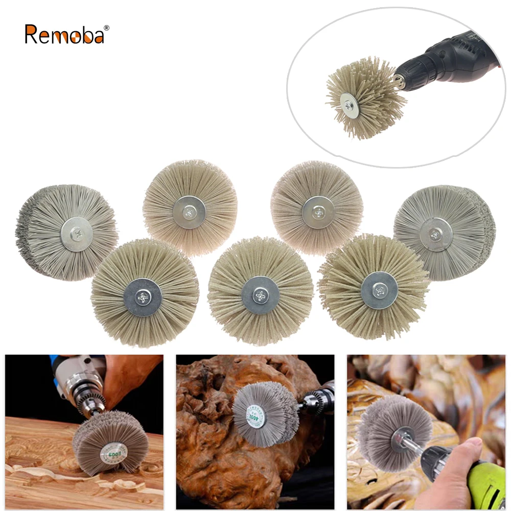 

7 pcs 85x40x6mm Shank Mounted Abrasive Wire Polishing Wheel Radial Nylon Bristle Brush for Wood Root Carving Irregular Artwork