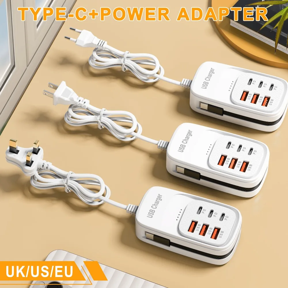 6 In1 3PD 3USB EU US Charger Adapter Socket USB Fast Charger Type C Power Strip Desktop Charging Station with Fast Charging Cord