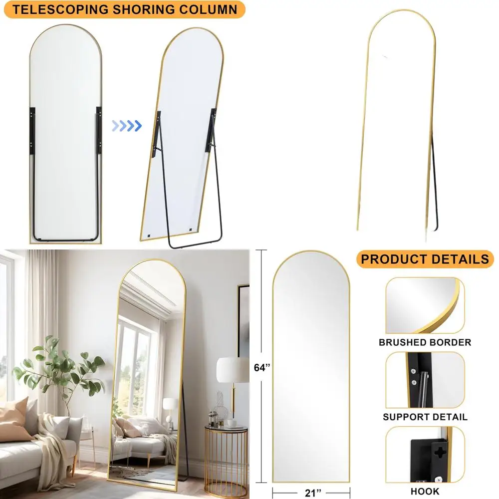 

Gold 64x21 Arched Floor Mirror with Stand, Versatile for Wall or Floor Use in Bedroom