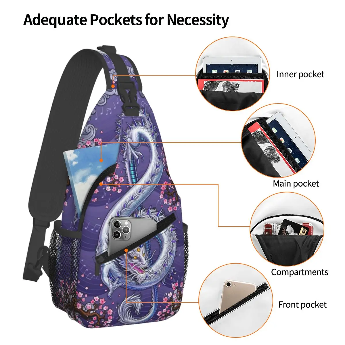 Music Dragon Gothic Pattern Chest Bag Men Sling Crossbody Backpack Chest Bag Travel Hiking Daypack Shoulder Bag