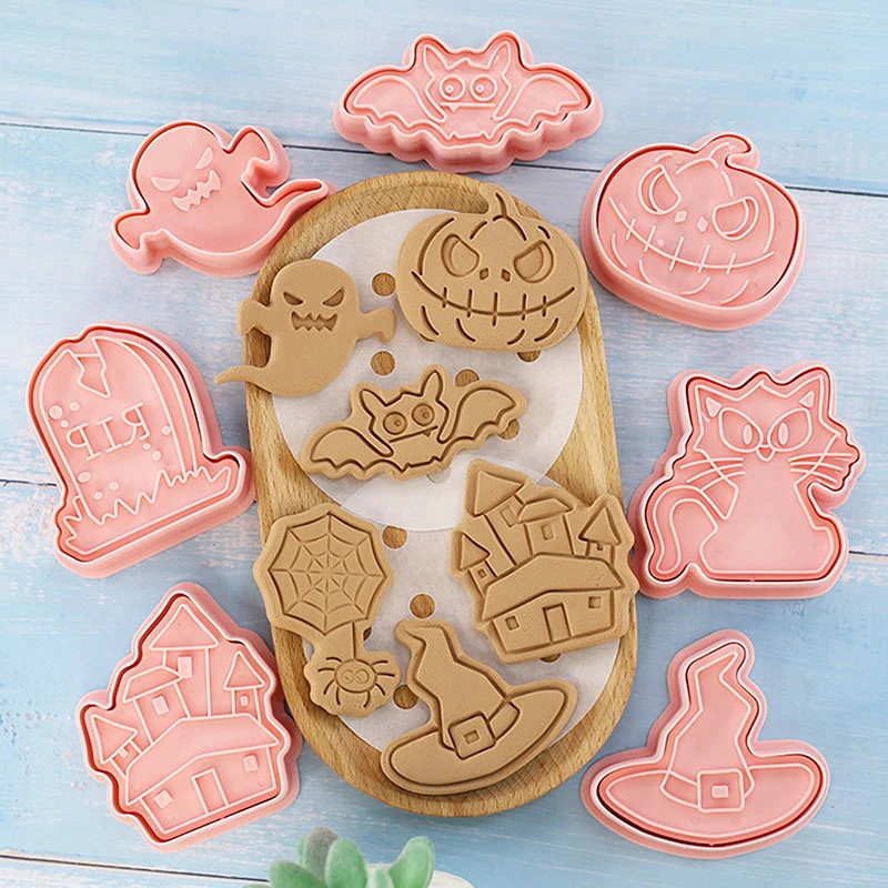 Halloween Cartoon Cookie Molds Set Pumpkin Wizard Plastic Cookie Cutter Frosting Cookie Stamps Baking Tools