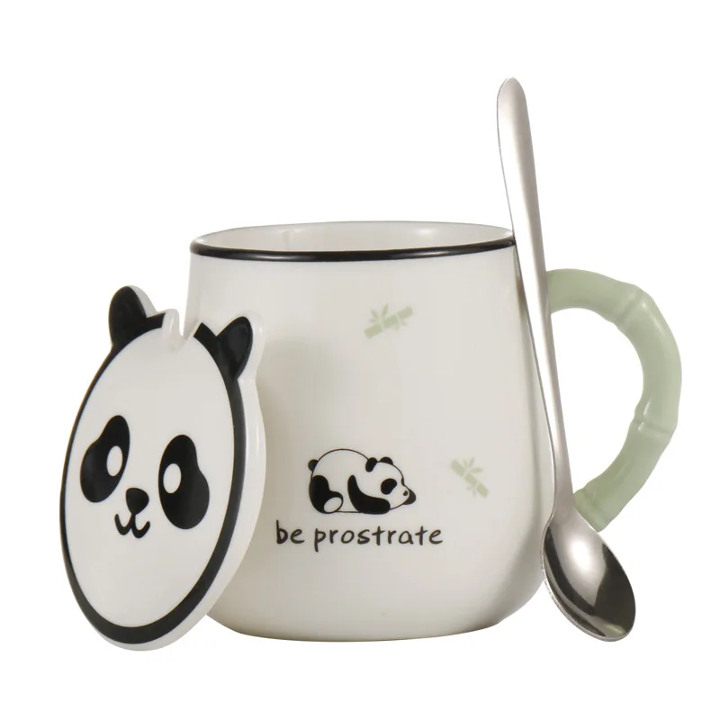 hot selling cute animal panda design ceramic mug with lid and spoon