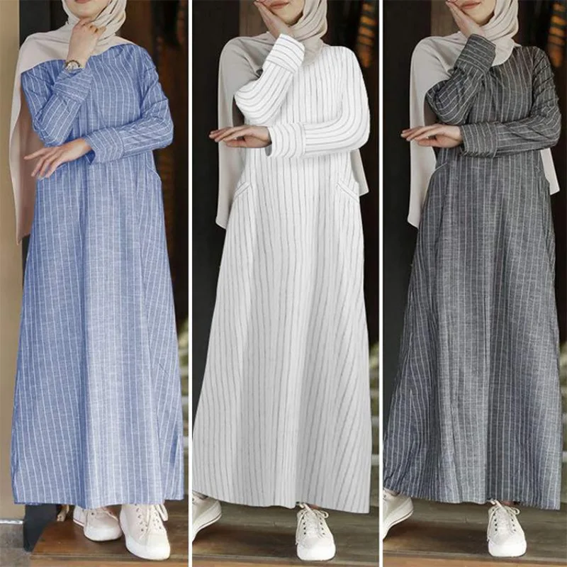 Muslim Dress Women Vintage Casual Long Sleeve Abayas Dubai Solid Round Neck Striped Loose Kaftan Pockets A-line Skirt S-5XL