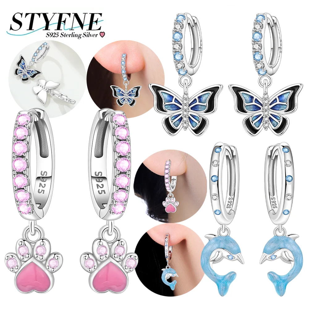 925 Silver Zircon Animal Earrings Blue Dolphin Butterfly Pink Paw Print Hoop Earrings for Women Party Fashion Jewelry Fine Gifts