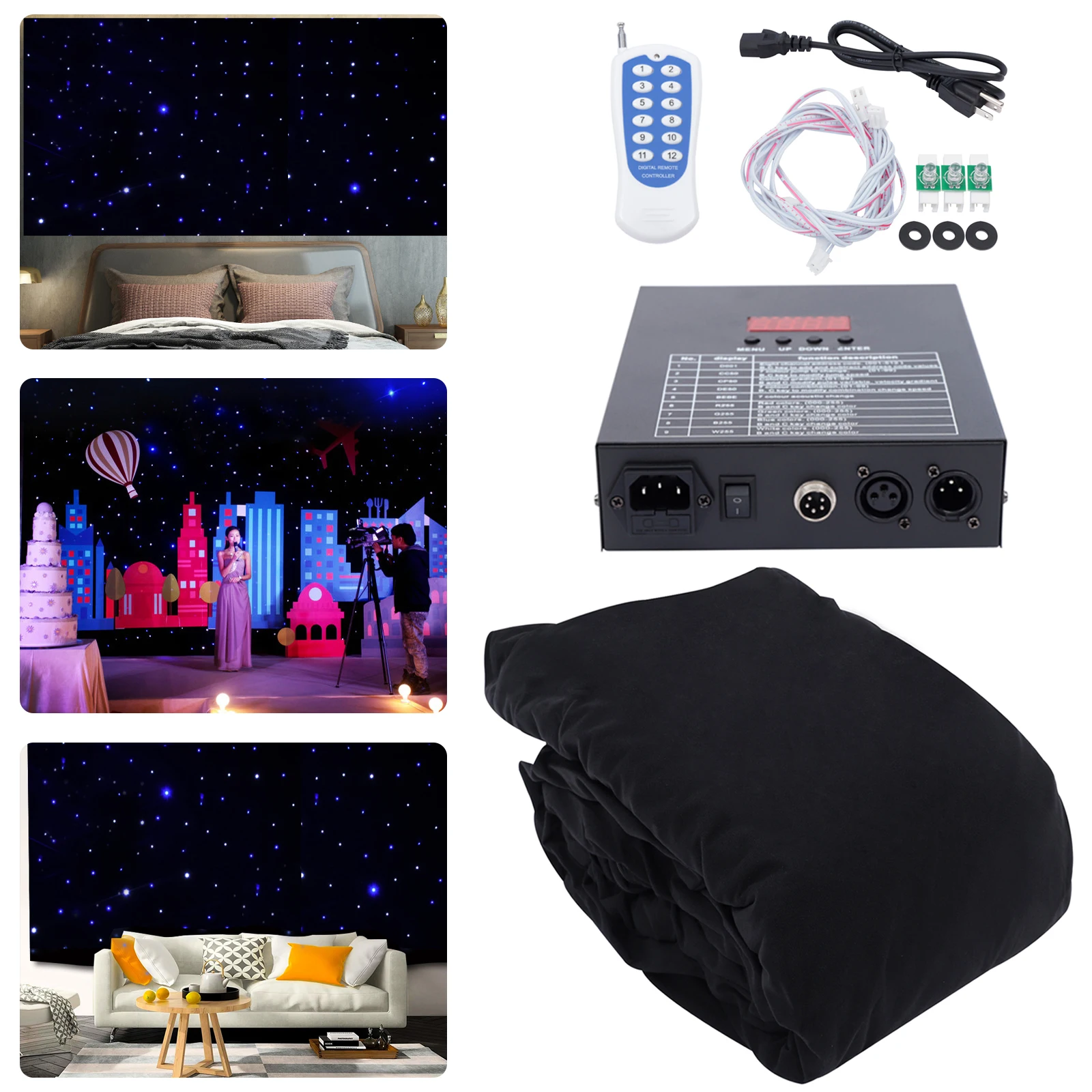 Wit en blauw LED-achtergrondgordijn Dubbellaags fluweel - Ongeveer 216 LED-kralen en 60 W vermogen, 9,84 * 13,12 ft formaat en binnen / buiten toepasbaar