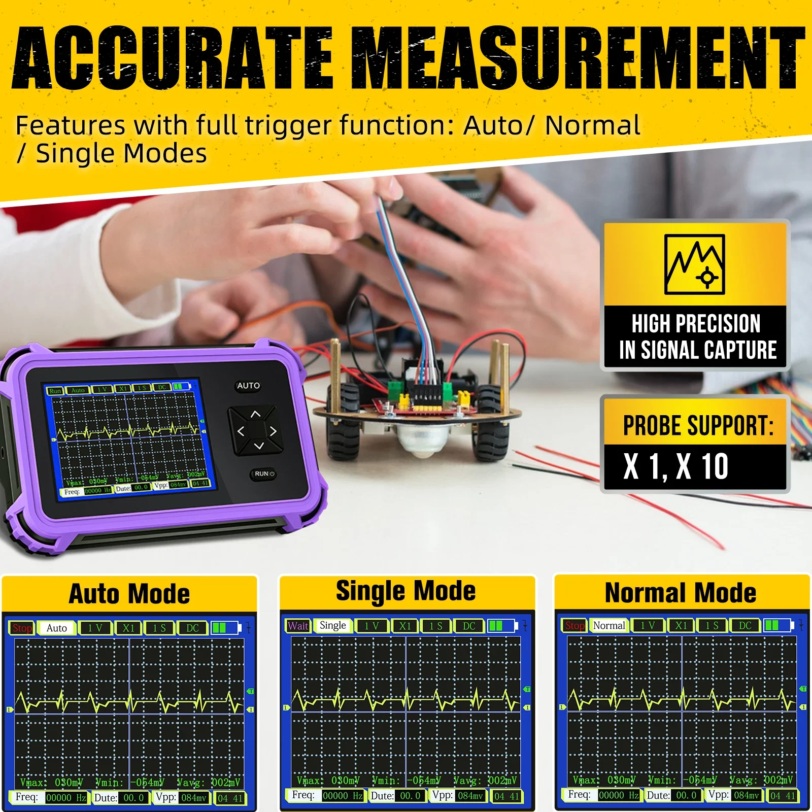 

Handheld Portable Oscilloscope 2.8" TFT Digital Oscilloscope 1MHz Bandwidth 8.33MSa/s Sampling Rate，Auto/Normal/Single Trigger