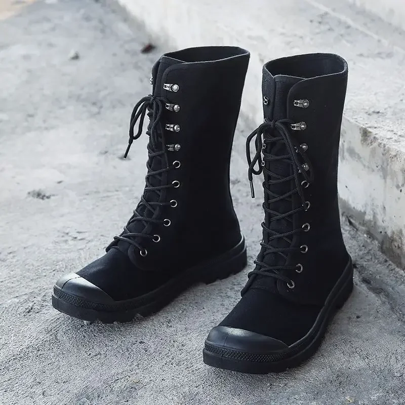 

Мужские весенне-осенние высокие британские парусиновые рабочие ботинки до середины икры, уличные противоскользящие песочные пыленепроницаемые интегрированные язычки