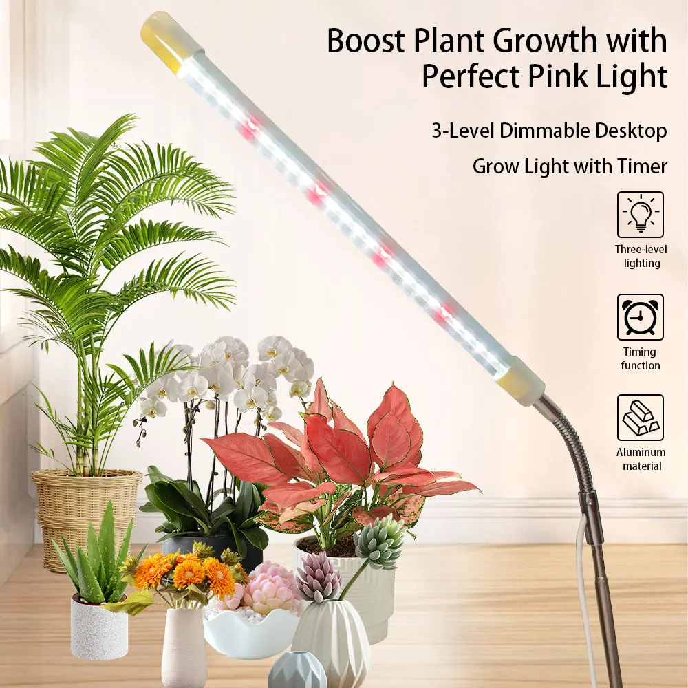 LED屋内植物成長ライト、明るさ高さ調整可能、3/9/12Hタイマー、観葉植物用USB電源デスクランプ