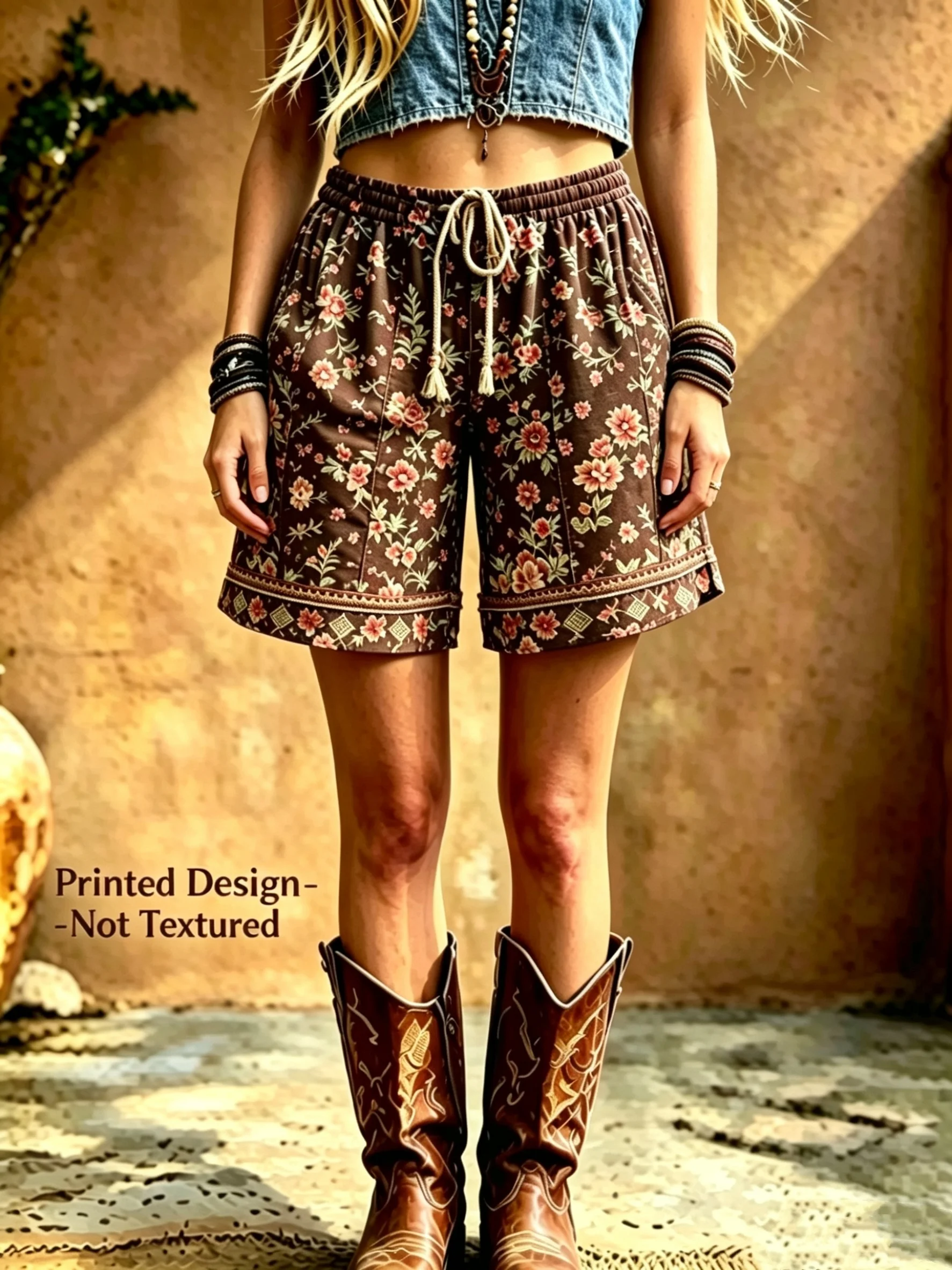 New Western-Style Floral Print High-Waisted Shorts, Bohemian Drawstring Elastic Waist, Soft and Breathable Summer Casual Pants, Retro Brown Floral Print, Women's Vacation Outfit
