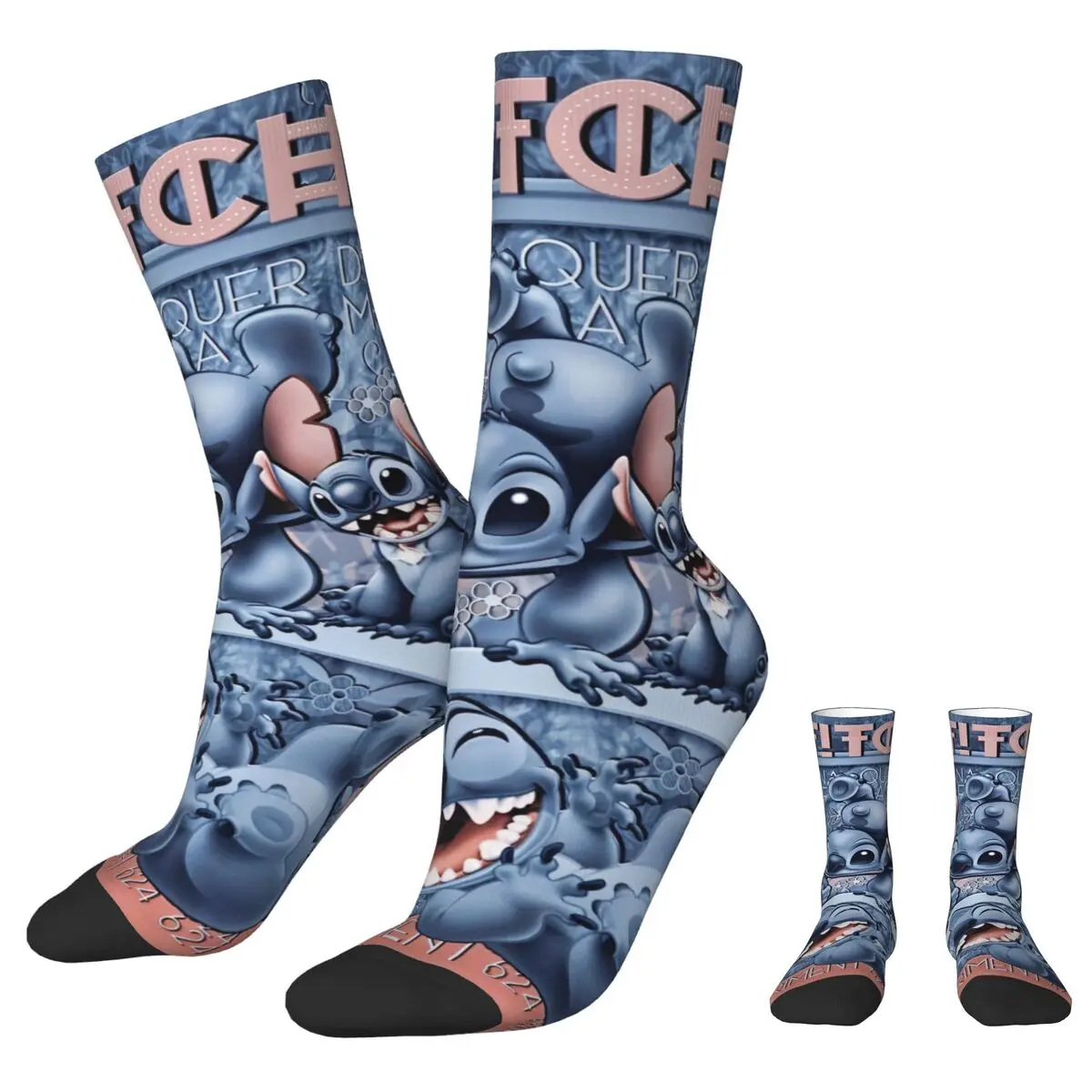 Retro Cute Stitch Rolling Laugh Soccer Socks Cartoon Polyester Middle Tube Socks for Women Men