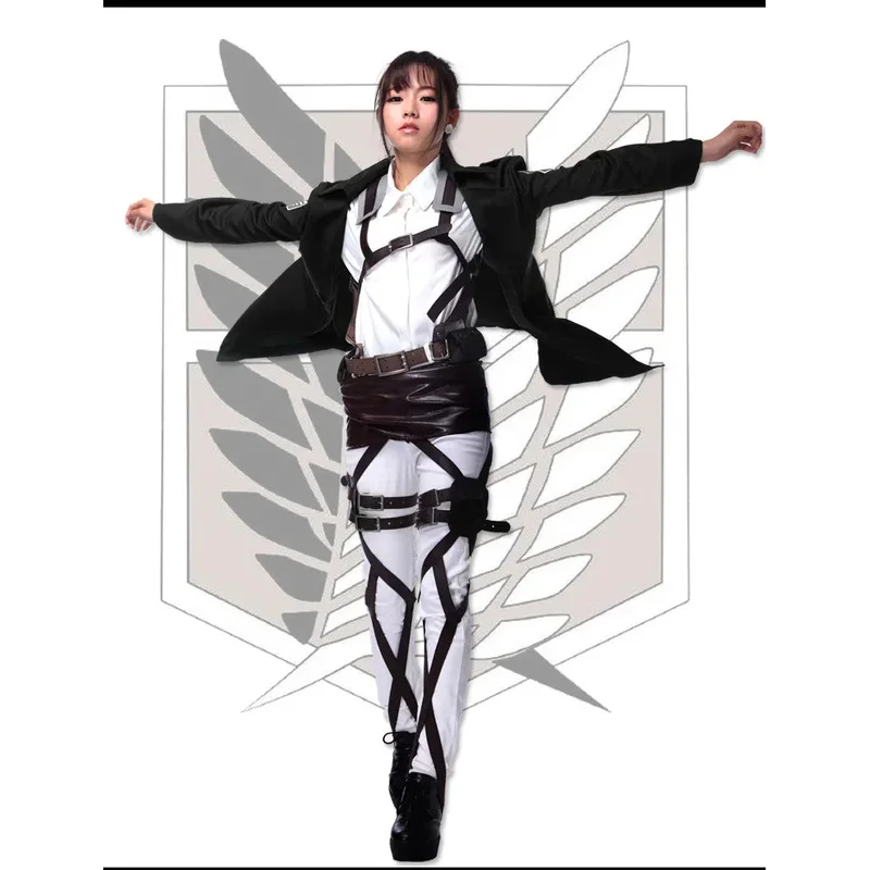 حار جديد Shingeki no Kyojin Levi Rivaille سترة عباءة الكبار تأثيري حلي هجوم على تيتان الأسود شال حزام دعوى السراويل الجلدية