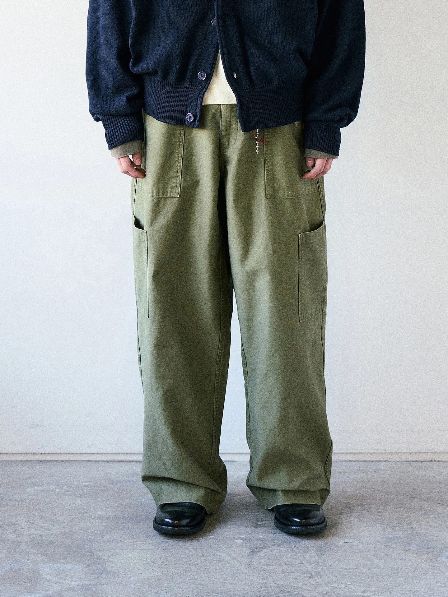 

Washed Vintage White Satin Workwear Pants Adjustable Waist Loose Long Trousers Casual Straight Leg Cotton Work Trousers