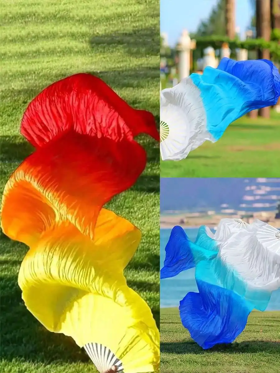 

1pc Belly Dance Folding Fan, Extended Flowing Double-Sided Silk Fan, Ombre Gradient Long Chiffon Fan, Performance Fan, Chinese Style Practice Fan