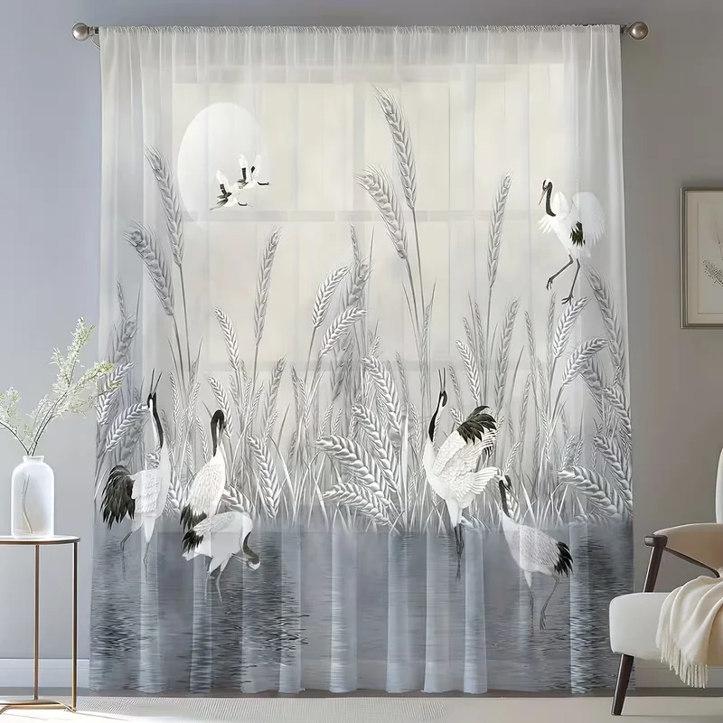 2PC Ink Red Crowned Crane Reed Curtains - Elegant Chinese Landscape Curtains, Vintage Style, Not Pure White