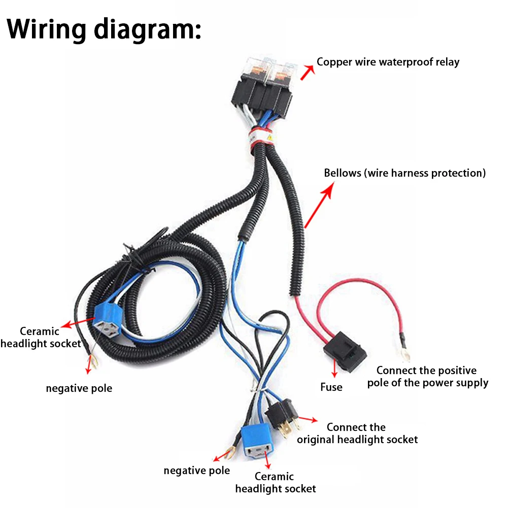 H4 Car LED Headlight Relay Wiring Harness Kit Headlamp Enhancer Brightener Headlamp Relay Wiring Harness for 12V H4 Bulb Models