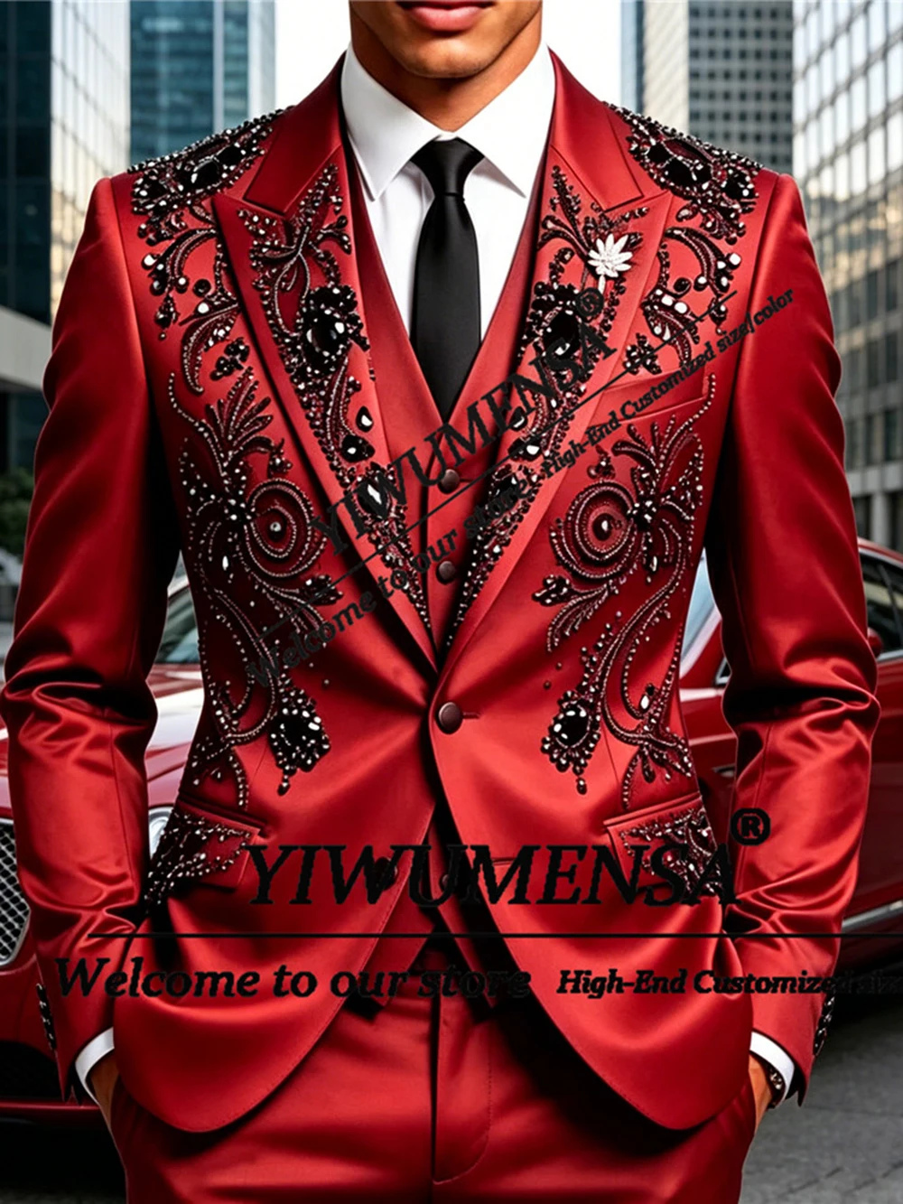 

Brilliant Suit Men Formal Wear Diamond Beaded Prom Blazer Customized 3 Piece Sets Groom Formal Party Tuxedos Trajes Para Hombre